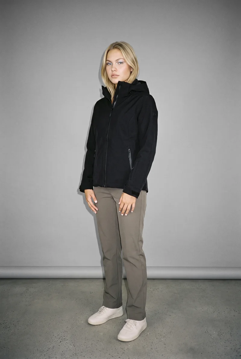 Women's Black Ski Jacket, Full body at Three-quarter, Clean Catalog lighting
