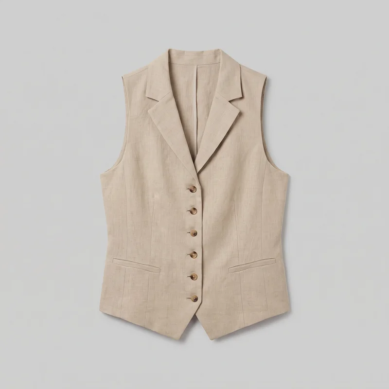A beige linen sleeveless tailored waistcoat vest is shown laid flat in a complete front view. It has a structured, shaped silhouette, straight shoulders, open armholes, a deep V front with notched lapels, five visible round buttons, vertical shaping seams and darts, two lower welt pockets, and pointed overlapping front hem panels.