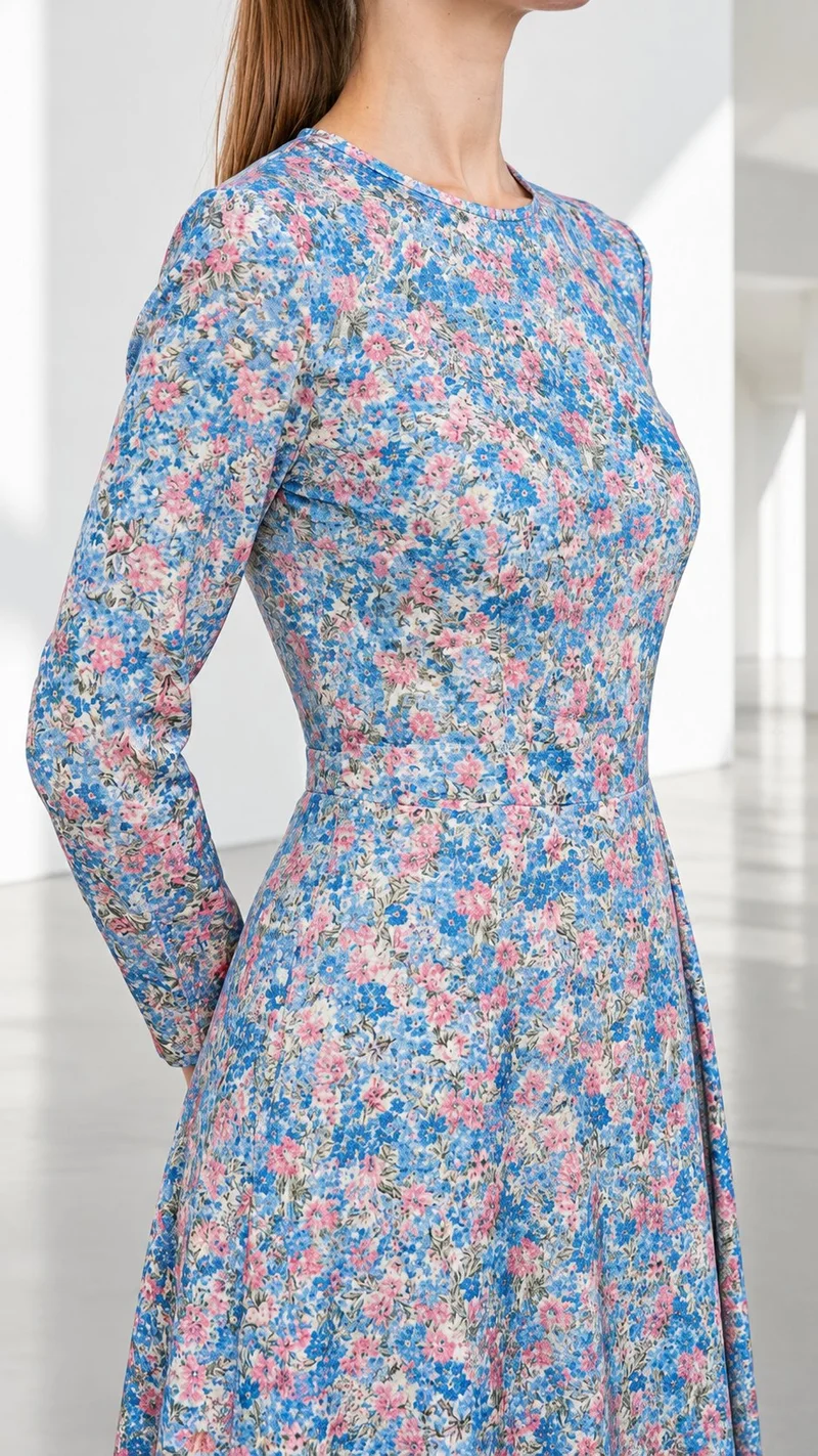 A woman is shown from the torso in an angled front view wearing a floral print modest maxi dress, with her hands held behind her back. A contemporary art white atrium serves as the backdrop.
