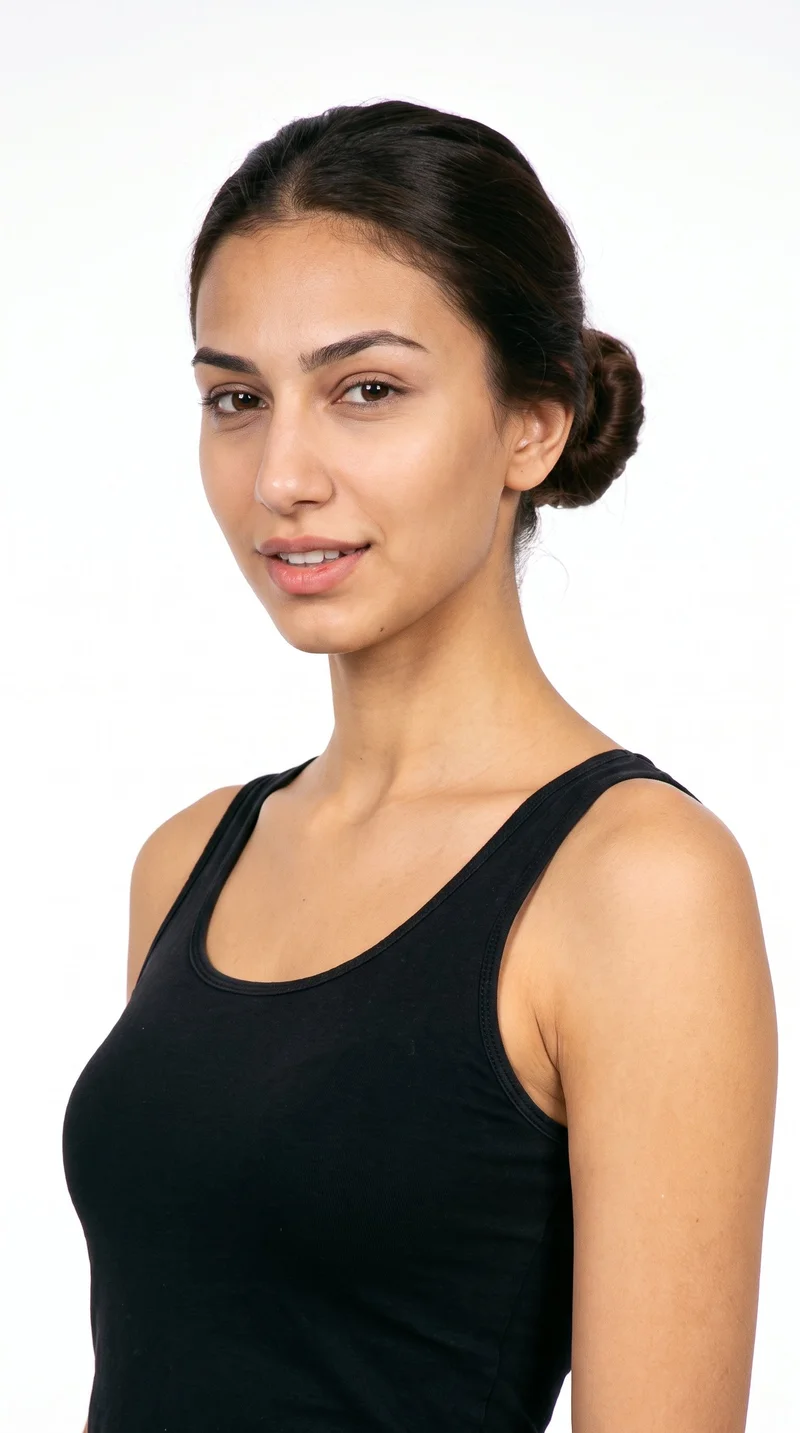 An 18-year-old Turkish woman with warm honey-toned skin and a neutral undertone. Her face has an oval shape with balanced proportions and a softly rounded jaw, framed by medium-thickness eyebrows. She has brown eyes and medium-sized lips. Her dark-brown hair is wound into a rounded bun at the back of her head.