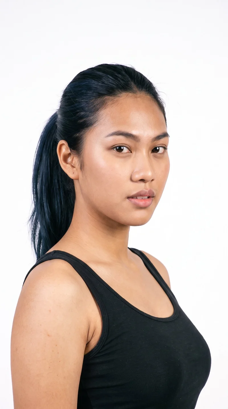 A 19-year-old Southeast Asian woman with medium skin and a neutral undertone has an oval face with balanced proportions and a softly rounded jaw. She has thin eyebrows, brown eyes, and full lips. Her deep black hair is tied at the back into a single falling ponytail.