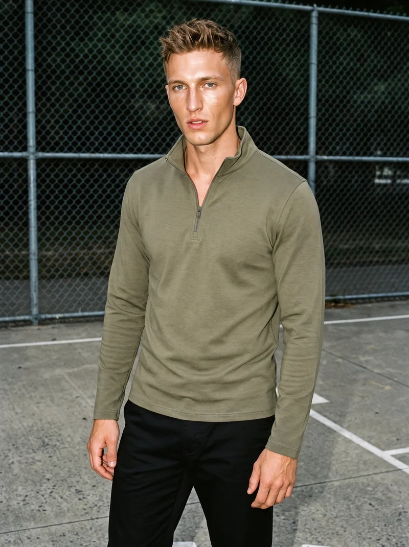 Men's Olive Quarter-Zip, Three-quarter length at Angled front, Flash Editorial lighting