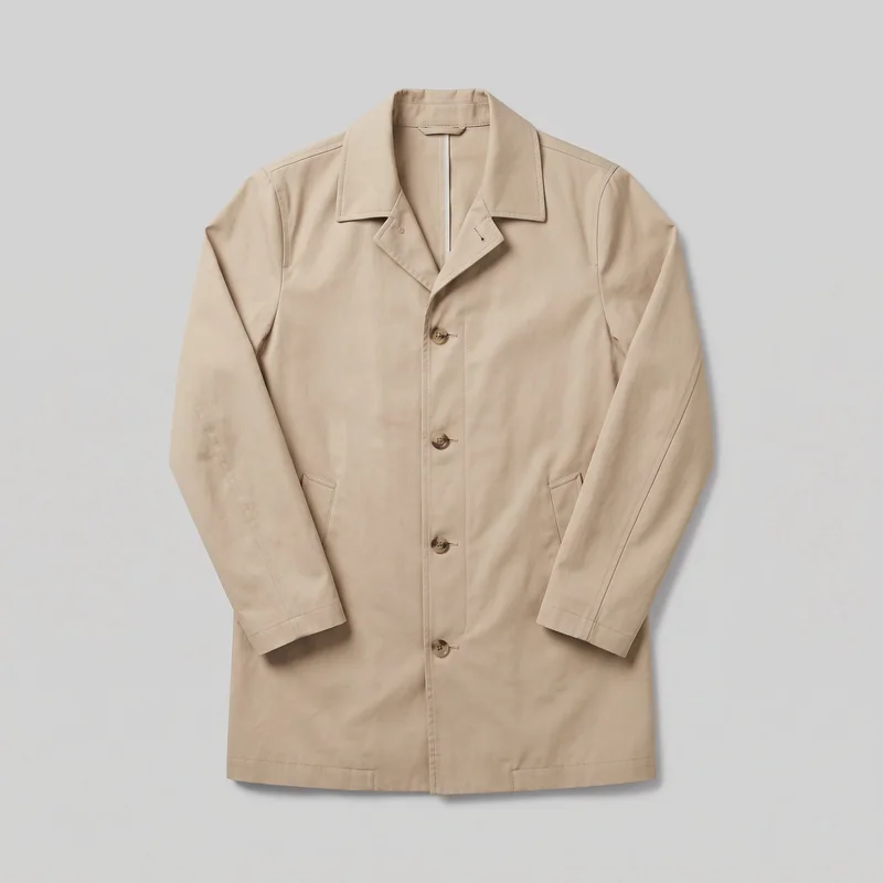 A mostly complete front view of a beige cotton longline mac coat laid flat. It has a straight regular silhouette, point collar, notched open neckline, long sleeves with stitched cuff bands, a single-breasted round-button closure, visible topstitching, two angled welt pockets, and a straight full-width hem.