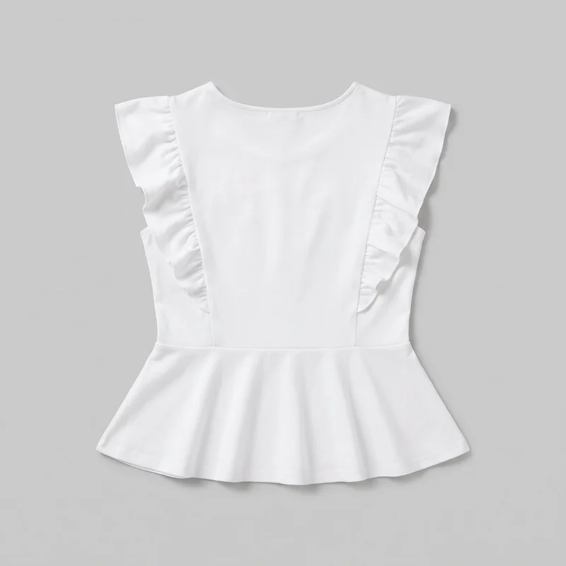 A white sleeveless peplum blouse is shown laid flat in a mostly complete front view. It has a round scoop neckline with a narrow bound edge, cap-like ruffled shoulder flounces extending along the armholes, vertical bodice panel seams, and a horizontal waist seam above the gently flared peplum hem.