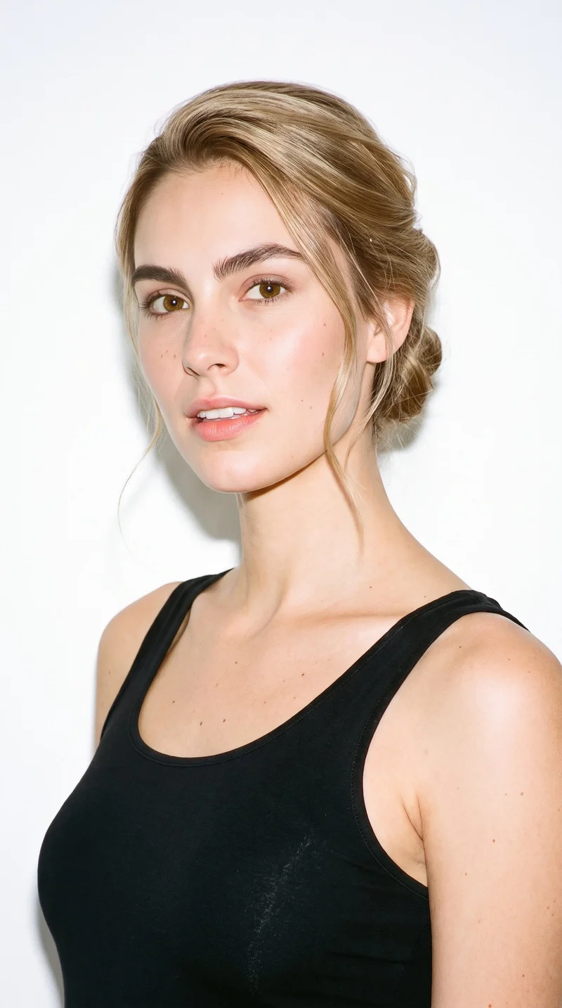 A 23-year-old Caucasian woman with fair skin and a peach undertone has an oval face with balanced proportions and a softly rounded jaw. Her eyebrows are thick, and her eyes are brown. She has thin lips and warm honey-blonde hair pinned up off the neck in a formal updo.