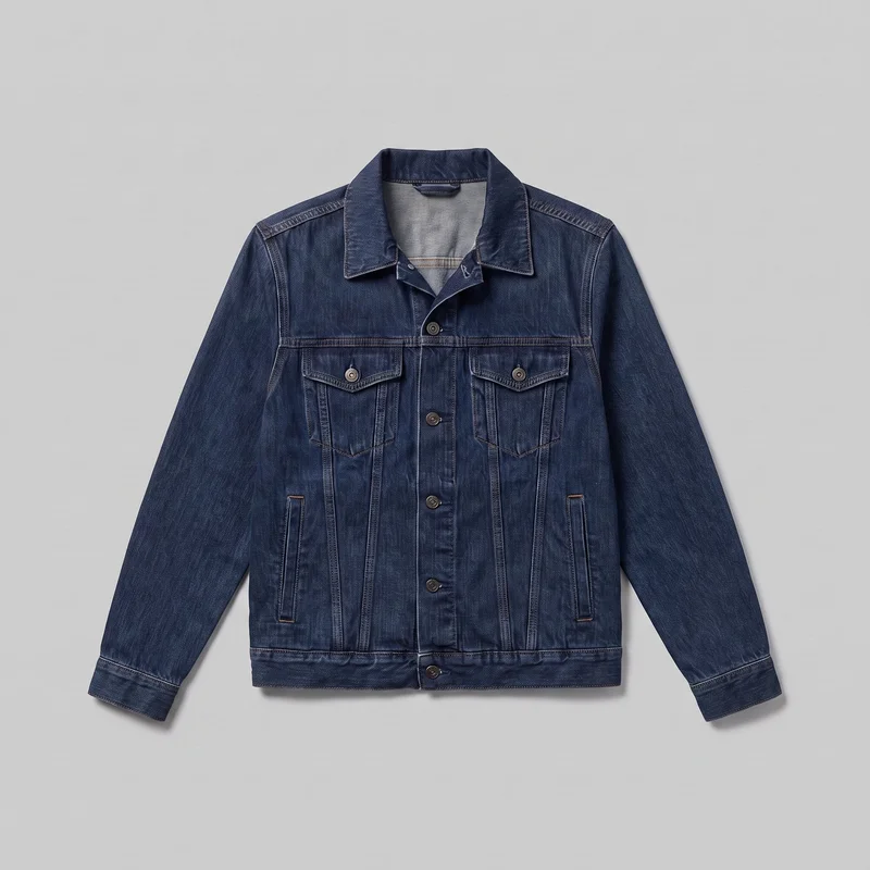 A dark indigo denim trucker-style jacket is shown laid flat in a standalone front view. It has a pointed fold-down collar, long sleeves with buttoned cuffs, a front metal-button placket, contrast topstitching, a horizontal upper-chest yoke seam, vertical front panel seams, buttoned flap chest pockets, vertical welt hand pockets, and a straight hip-length hem with a waistband panel.