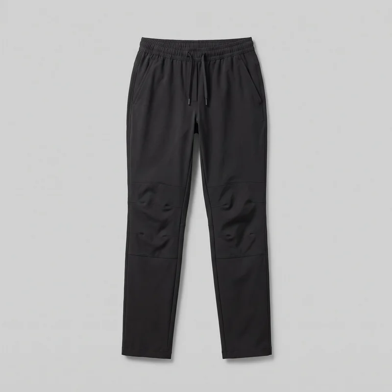 Women's black full-length tapered hiking trousers laid flat in a complete front-facing view. The pants have a regular fit, mid-rise front, elastic gathered waistband with a center-front drawstring, angled front slash pockets, paneled leg seams, and straight uncuffed hems.