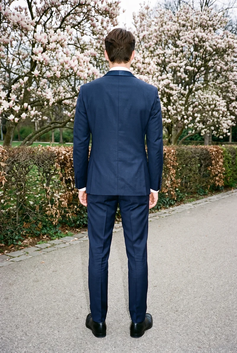 Midnight Blue Tuxedo, Full body at Back, Natural E-Commerce lighting