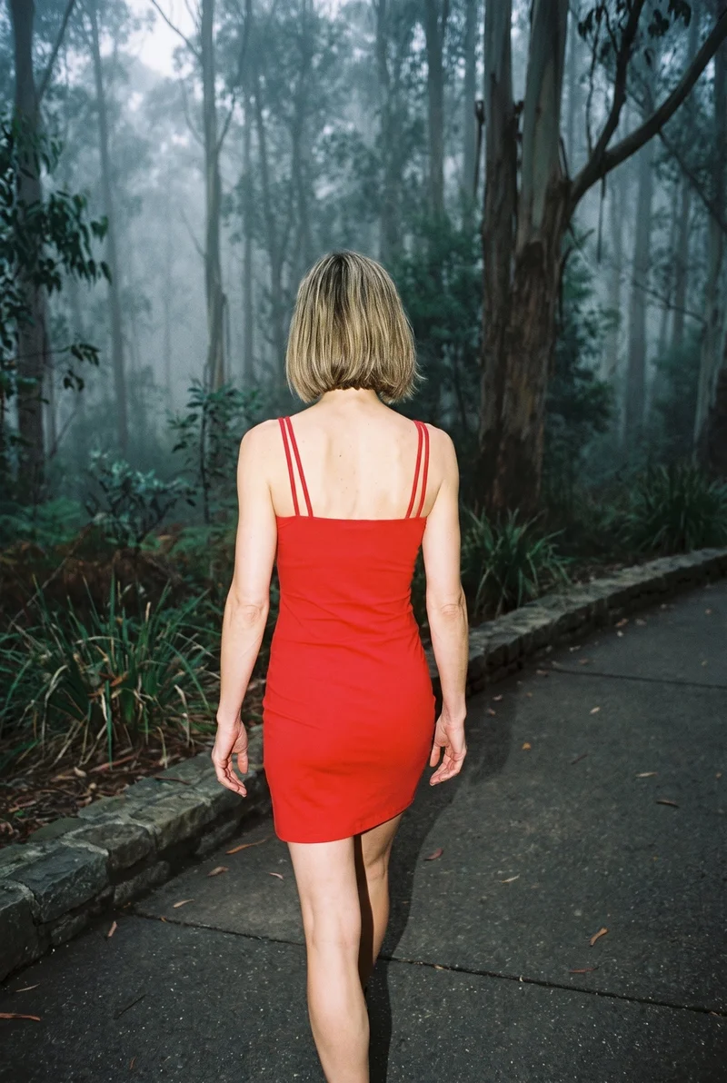 A 44-year-old Caucasian woman is shown from the rear while walking, wearing a red bodycon mini dress. The three-quarter-length view is framed against an eucalyptus fog park grove backdrop.
