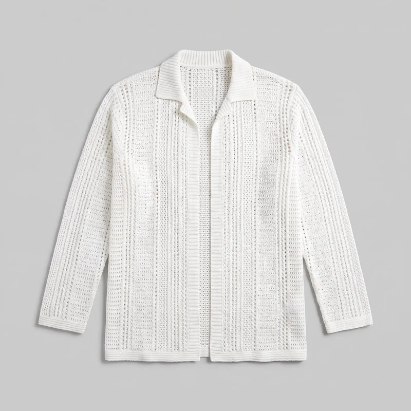A white open-knit collared cardigan is laid flat in a front standalone view. It has a fold-over collar, open V neckline, full open front without visible fastening, long sleeves, vertical pointelle and openwork knit panels, and ribbed trims along the collar, front edges, cuffs, and straight hem.