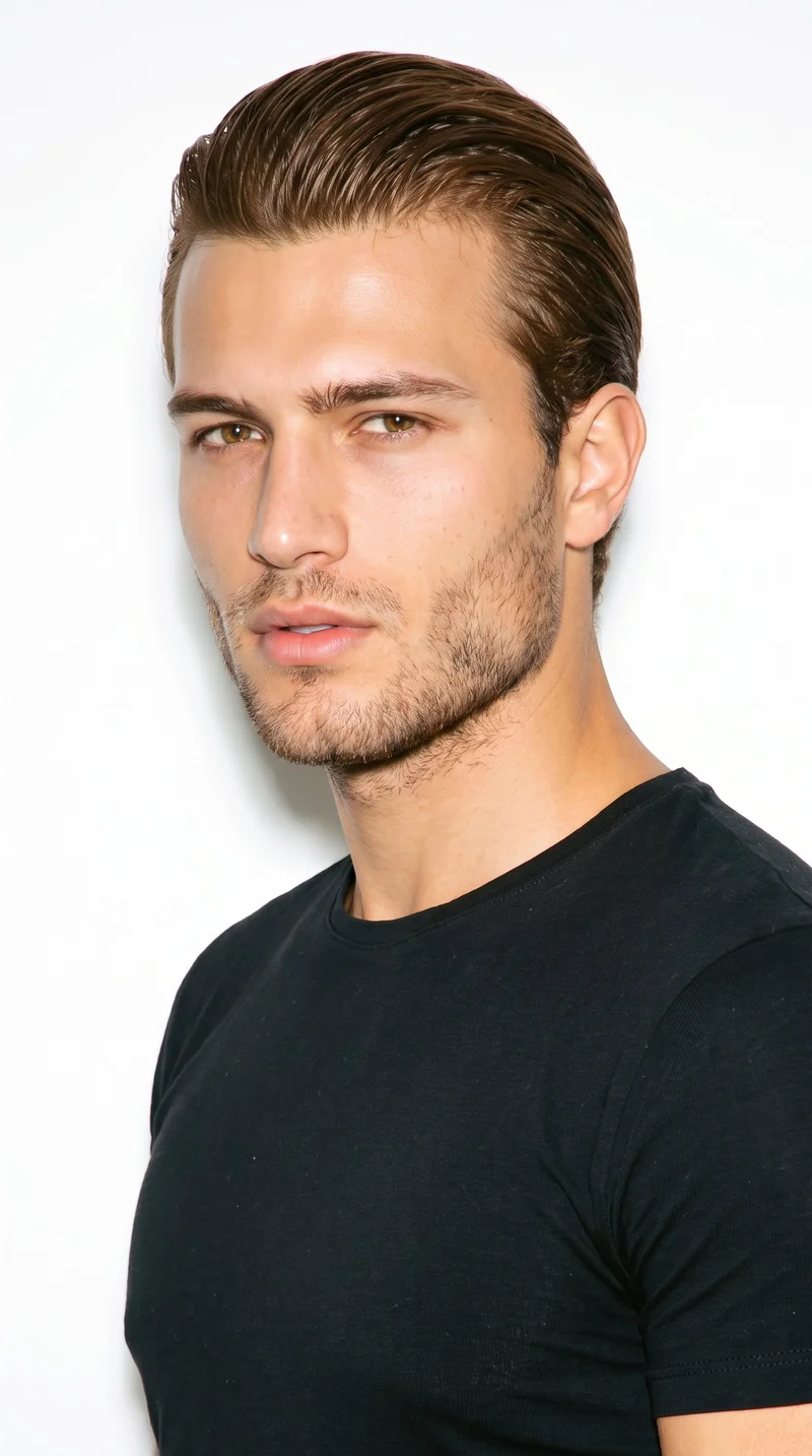 A 21-year-old Turkish man with honey-colored skin and a neutral undertone. His square face has a broad forehead and a strong, defined angular jaw. He has medium-thickness eyebrows, hazel eyes with green-gold flecks, and full lips. His brown hair is styled close to the head with a glossy wet-look finish, and dense heavy stubble forms a dark, defined layer across the beard area.