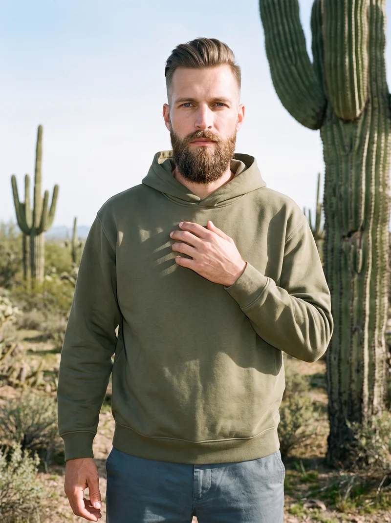 A 33-year-old Caucasian man is shown from the upper body in a front view, wearing an olive oversized pullover hoodie. His fingers are positioned at his chest and he has a confident expression. A cactus desert serves as the backdrop.