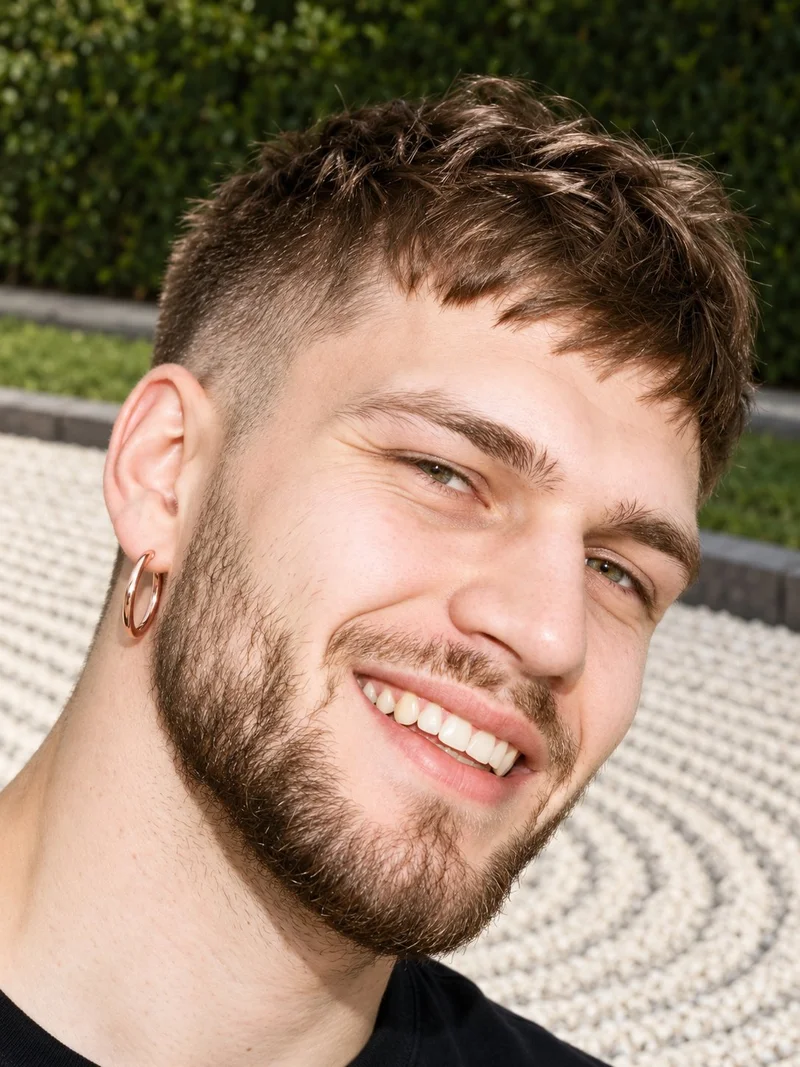 Men's Rose Gold Hoop Earrings, Head at Angled front, Flash Editorial lighting