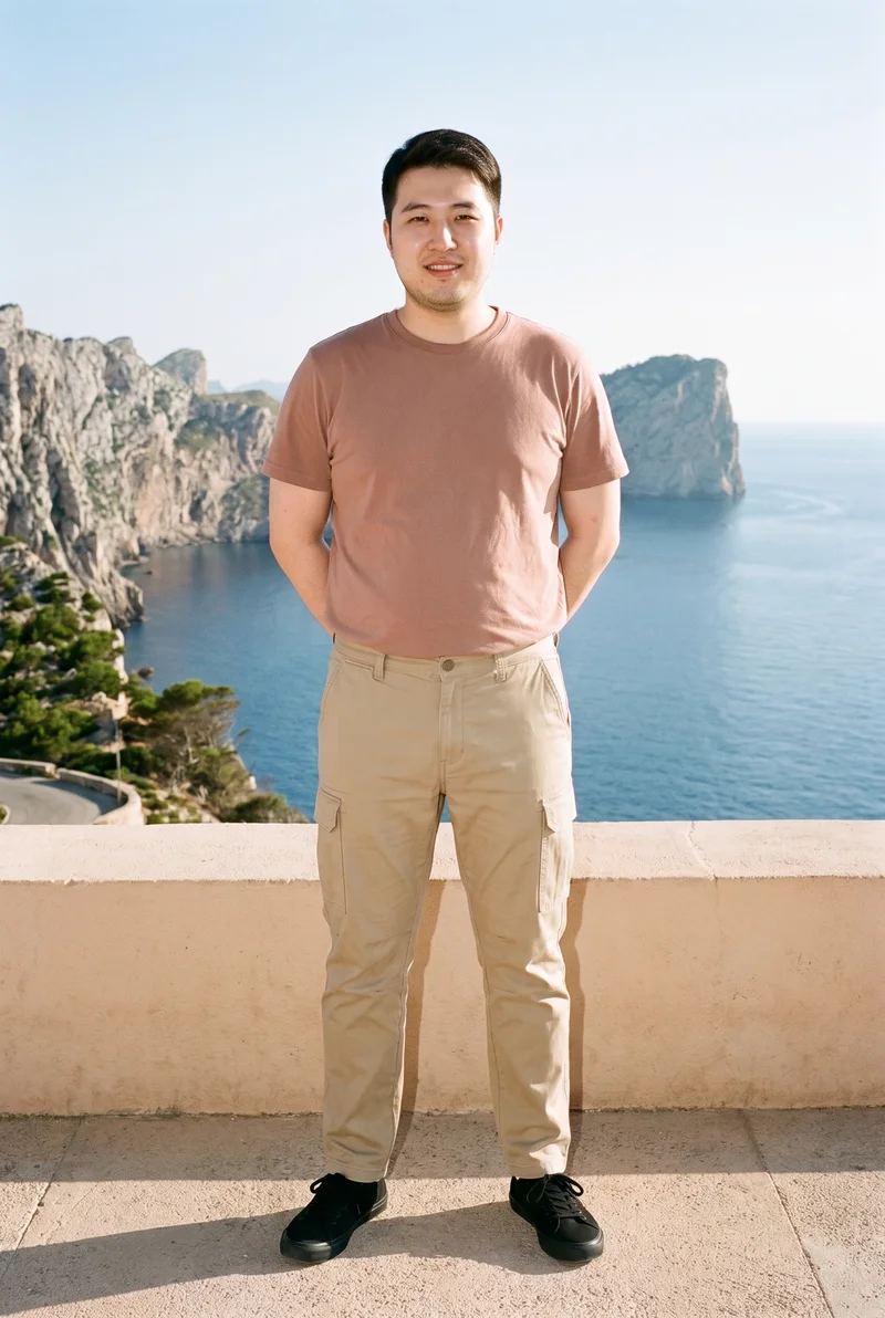 A 24-year-old Chinese male model wears men's khaki cargo pants in a full-body front view, standing with his hands behind his back and smiling. An Amalfi Coast Terrace backdrop is visible.