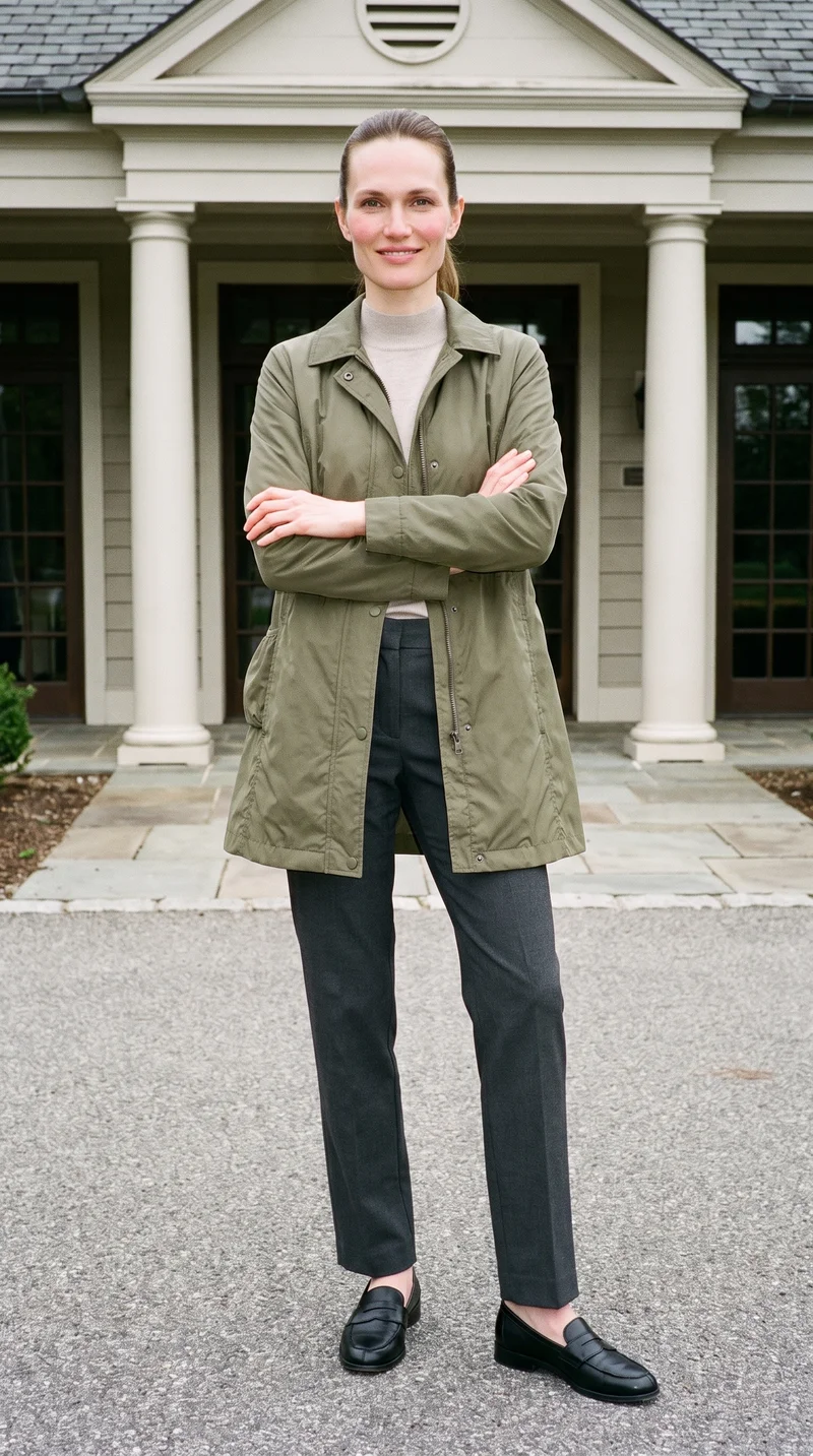 A 38-year-old Slavic woman is shown full body from the front, smiling while holding herself in a self-hug pose and wearing a women's olive packable raincoat. A country club backdrop is visible behind her.