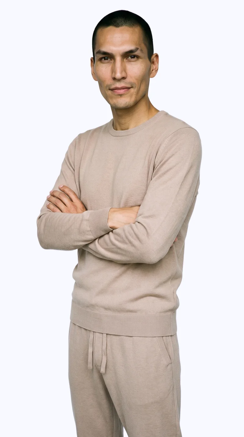 Men's Beige Knit Loungewear Set, Three-quarter length at Three-quarter, Studio Cutout lighting