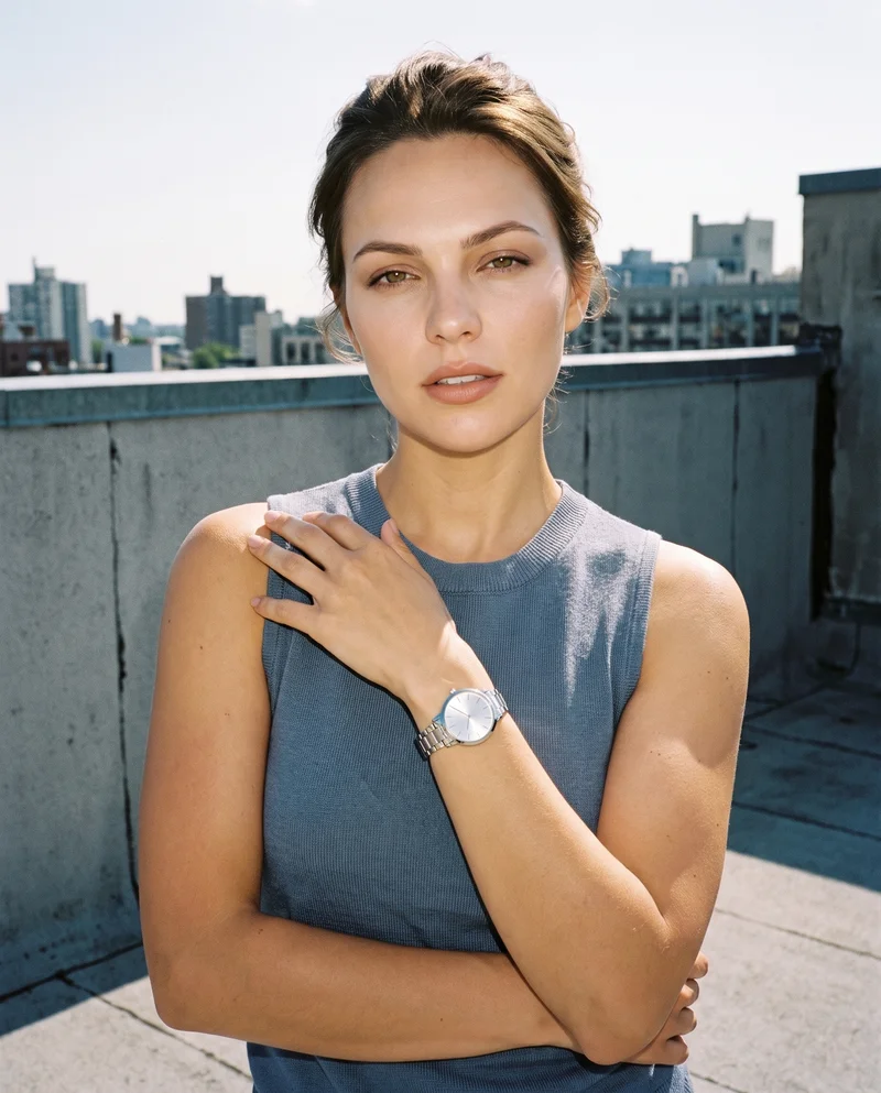 Women's Silver Analogue Watch, Upper body at Front, Flash Editorial lighting