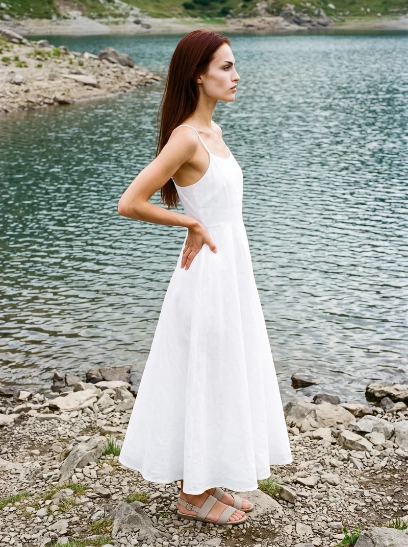An 18-year-old Caucasian woman wears a white linen maxi dress in a full-body side view, with one hand on her hip and a soft facial expression. An alpine lake shore forms the backdrop.