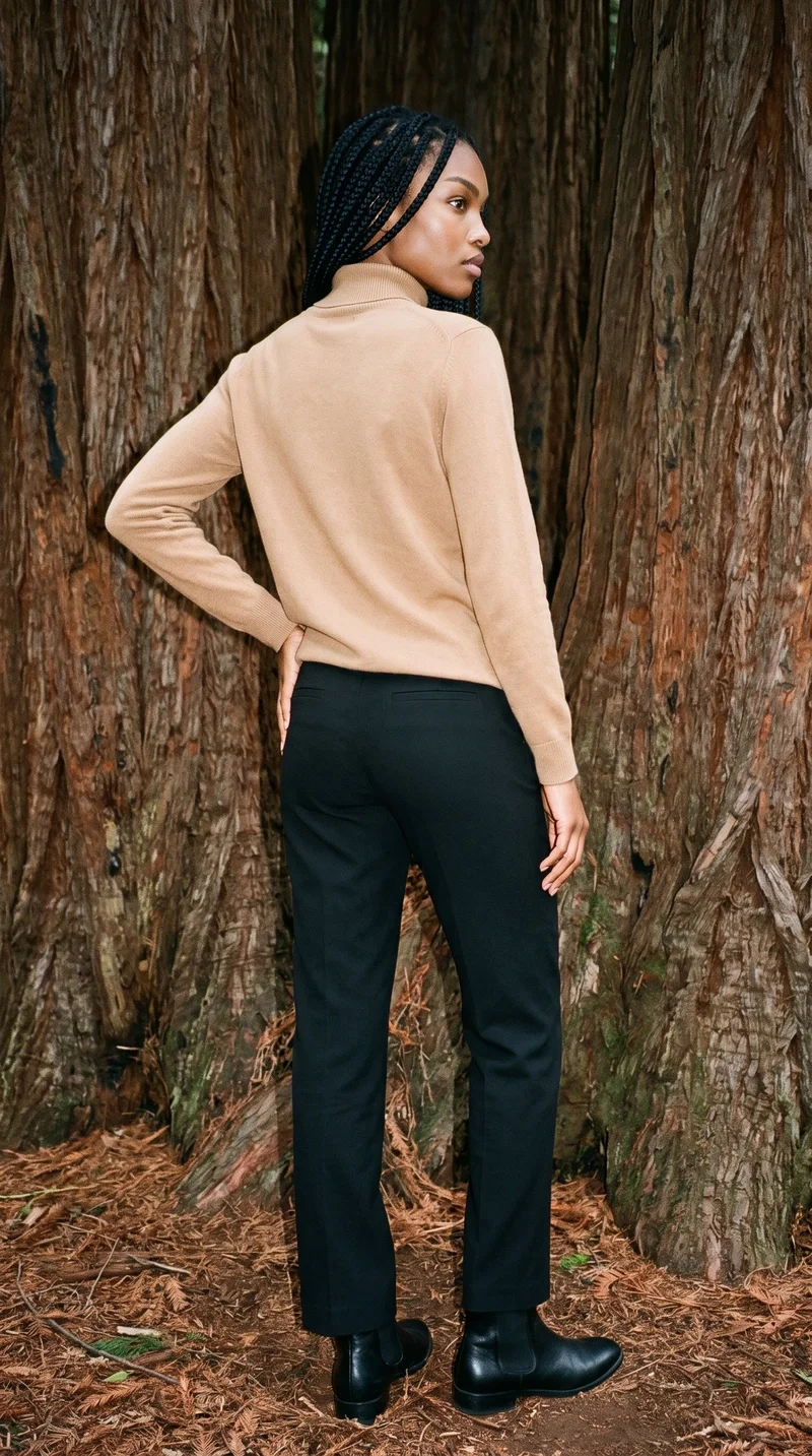 A 19-year-old African woman wearing a women's camel roll-neck is shown full body from an angled rear view, with one hand on her hip. A redwood grove forms the backdrop.