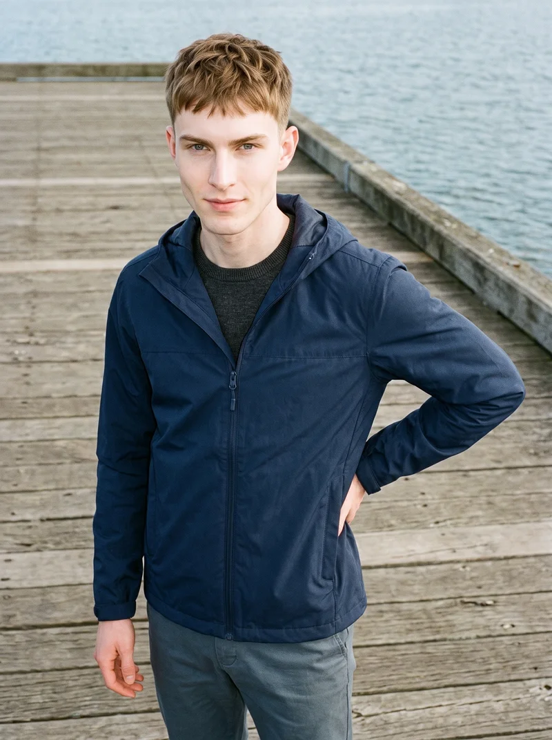 Men's Navy Rain-Shell Jacket, Three-quarter length at Three-quarter, Clean Catalog lighting