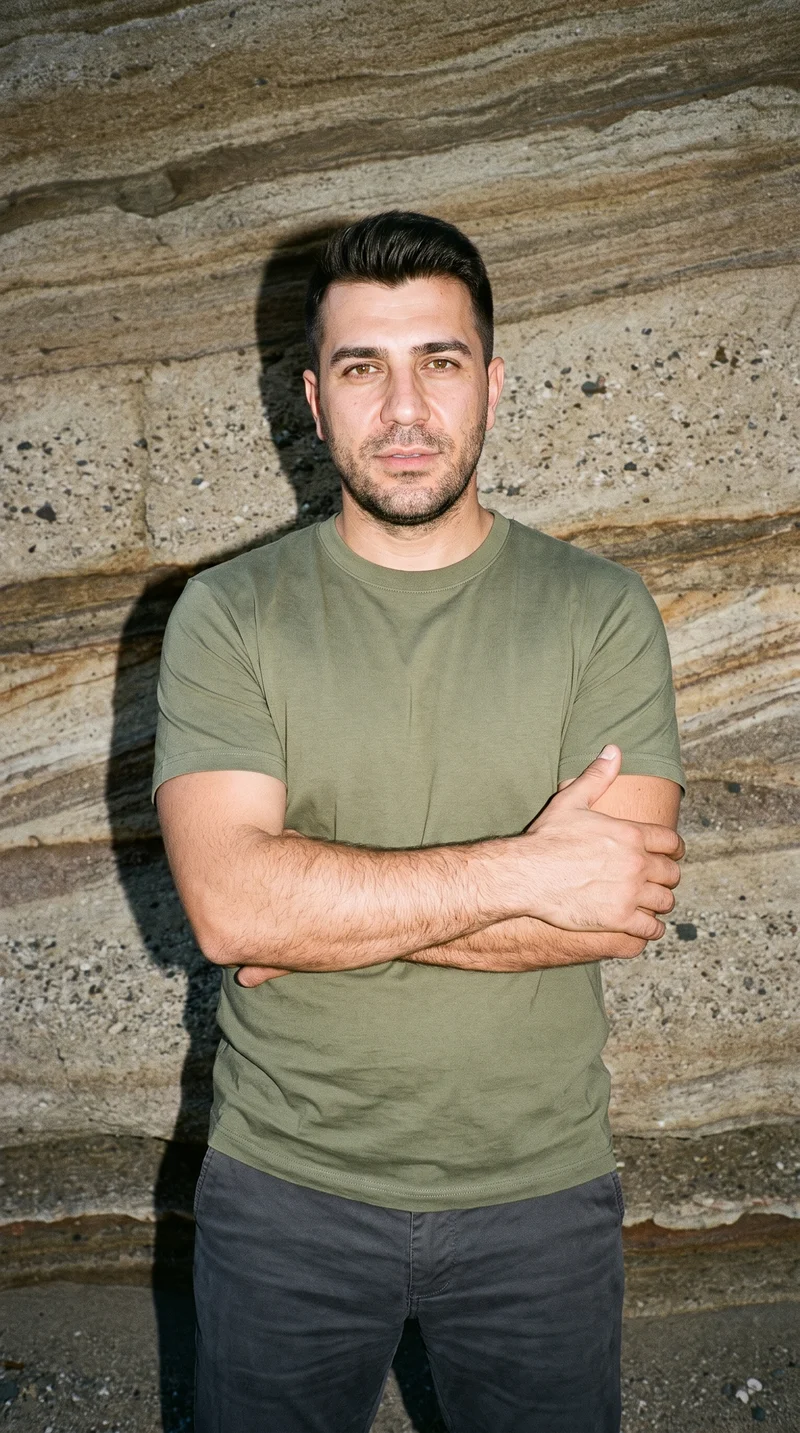A 42-year-old Turkish man wears an olive oversized T-shirt in an upper-body front view. He holds one elbow with a natural expression against a Badlands backdrop.