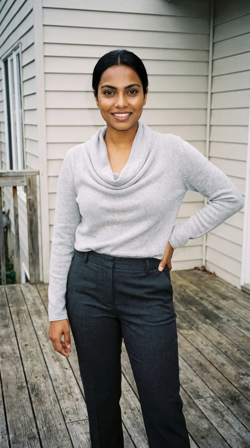 A 28-year-old Indian woman models a grey knit cowl-neck top in a three-quarter-length front view, smiling with one hand on her waist. A backyard deck forms the backdrop.