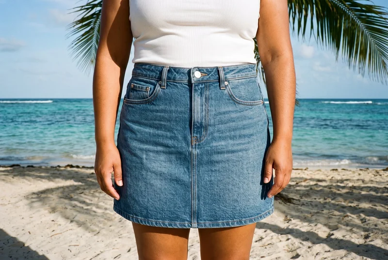 A denim mini skirt is shown from the front, framed at the hips with the hips level. A palm tree beach backdrop is visible.