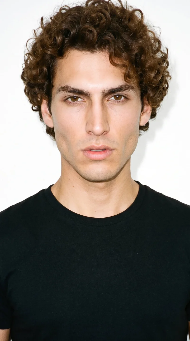 A 25-year-old Hispanic man with lightly tanned skin and an olive-green undertone. His face has a diamond shape, with a narrow forehead and jaw and the greatest width at the cheekbones. He has medium-thick eyebrows, very dark near-black eyes, and thin lips. His medium-brown hair forms defined, springy curls with natural volume. He is clean-shaven, with smooth skin across his face.