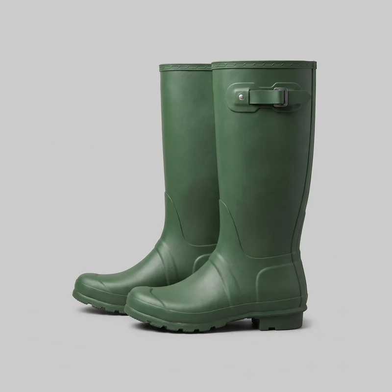 A pair of green tall Wellington rain boots is shown in a clear side three-quarter view. The boots have rounded toes, knee-high straight shafts, low block heels, thick lugged outsoles, molded panel lines, patterned top rims, and adjustable side straps secured with rectangular buckles and round rivet details.