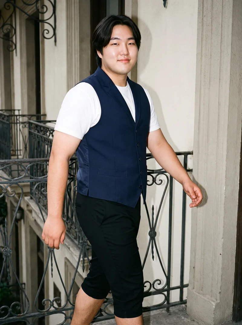 A 20-year-old Korean man wears a men's navy wool waistcoat in a three-quarter-length, angled-front view while walking. The backdrop is a wrought iron balcony, and his expression is natural.
