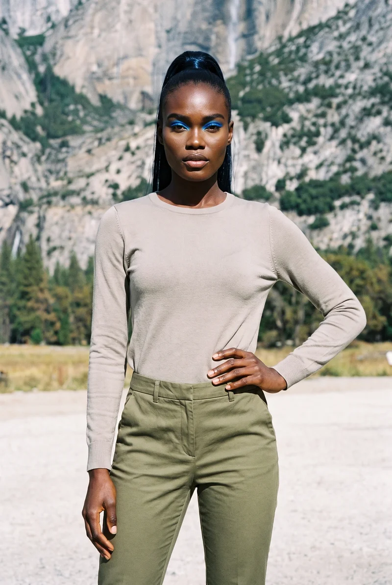 Women's Olive Tapered Chinos, Three-quarter length at Front, Clean Catalog lighting