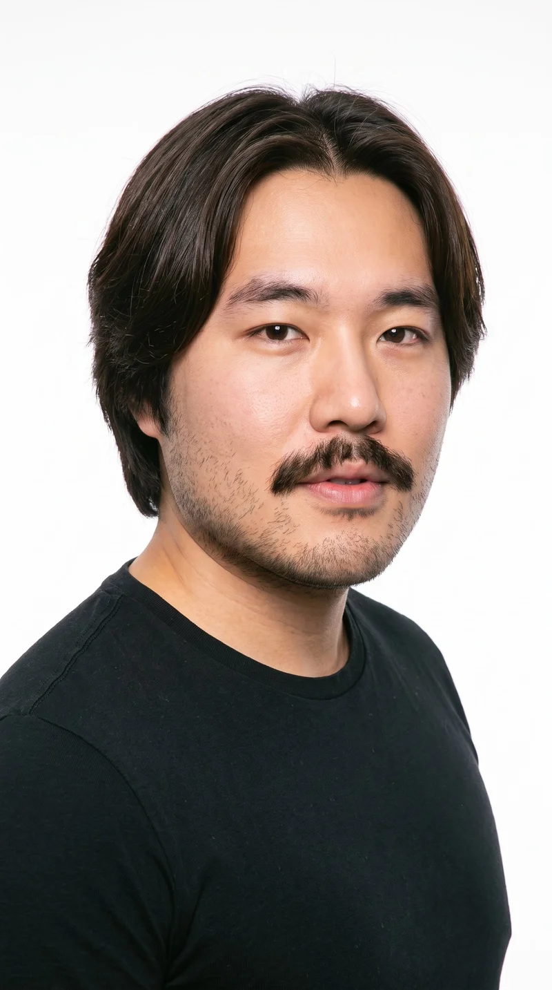 A 32-year-old Chinese man with East Asian facial features and a medium skin tone with a cool undertone. His face is round, with soft, full contours and few angles. He has medium-thickness eyebrows, brown eyes, and full lips. His dark-brown hair is divided at the centre and falls evenly to both sides. He wears a prominent full moustache with a shorter beard across the cheeks and jaw.
