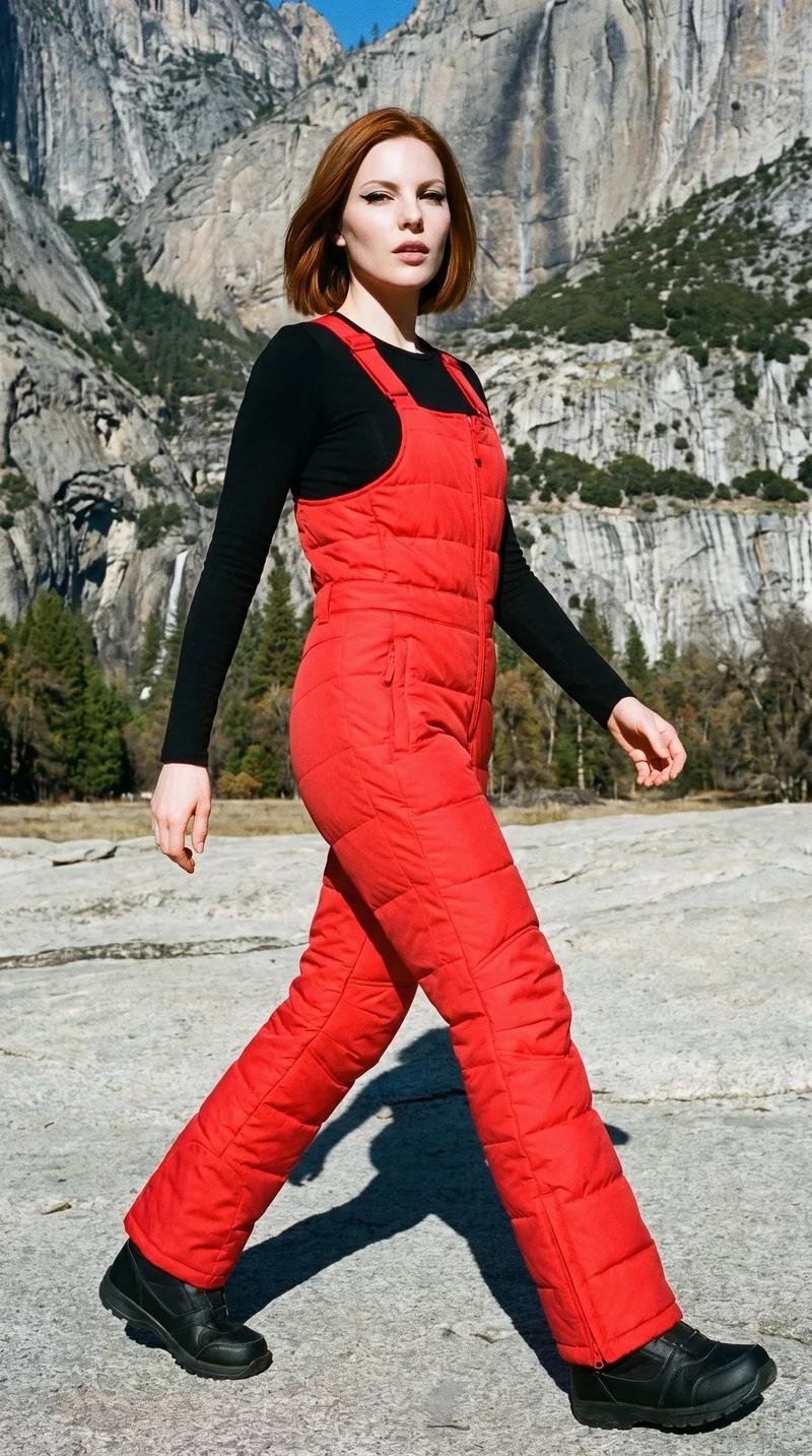 A 26-year-old Caucasian woman wears red padded salopettes in a full-body angled front view while walking. The Yosemite Valley backdrop frames the editorial fashion photograph.