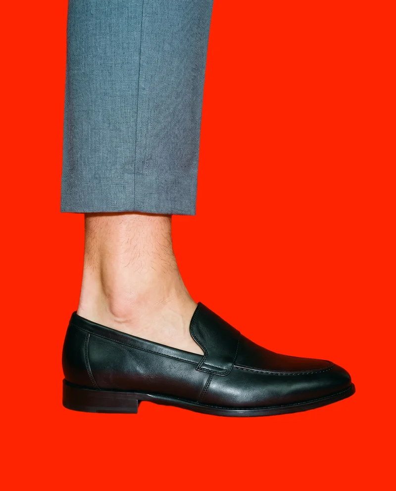 Men's Black Leather Loafers, Ankle at Side, Studio Cutout lighting