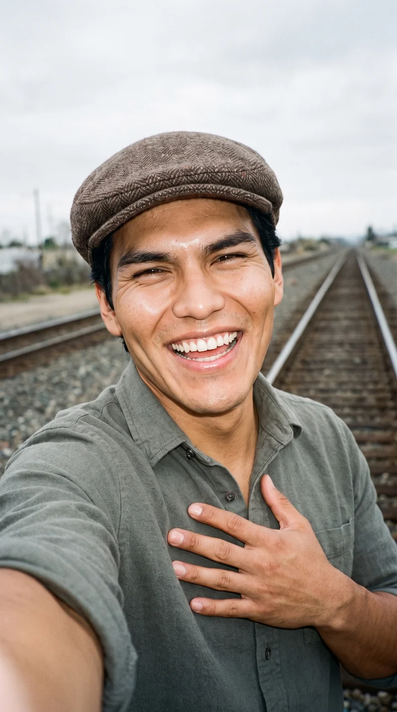 A 22-year-old Indigenous American man wears a brown tweed flat cap in a front-view selfie. He is laughing with one hand at his collarbone, with train tracks visible as the backdrop.