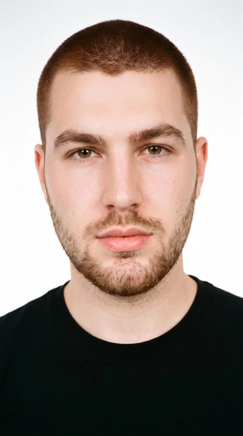 This 23-year-old Caucasian man has medium olive skin with a neutral, greenish-golden undertone. His face has smooth, even, softer features in a refined balance, with medium-thick eyebrows, brown eyes, and full lips. His auburn hair is clipped very short and evenly in a buzz cut, and he has short, even three-day beard growth with a clearly visible, closely groomed texture.