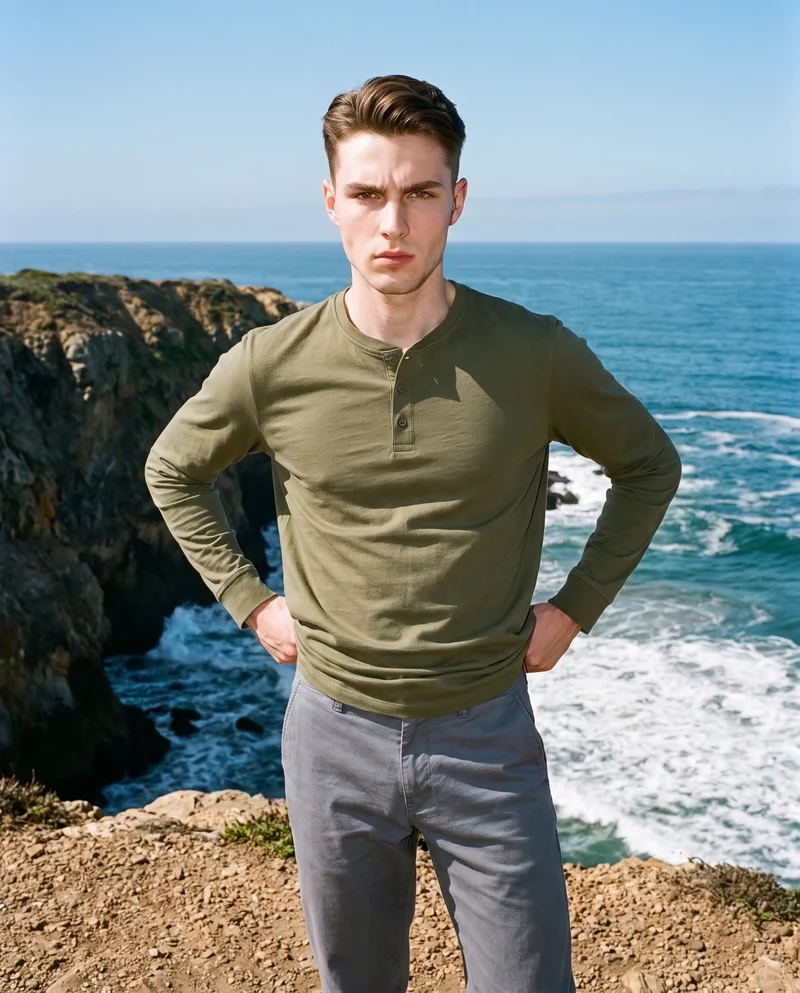 Men's Olive Long-Sleeve Henley Top, Three-quarter length at Front, Clean Catalog lighting