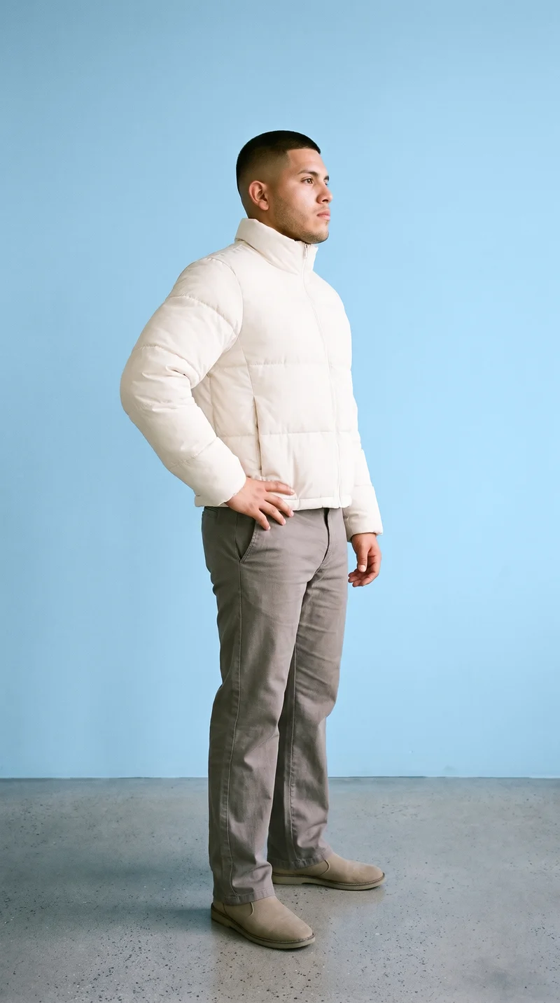 An 18-year-old Hispanic male model is shown full body in side view wearing a cream cropped puffer jacket, with one hand on his hip and a confident expression. An ice-blue studio wall forms the backdrop.