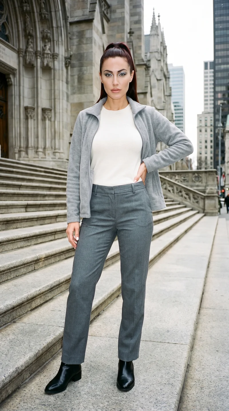 Women's Grey Fleece Jacket, Full body at Front, Clean Catalog lighting