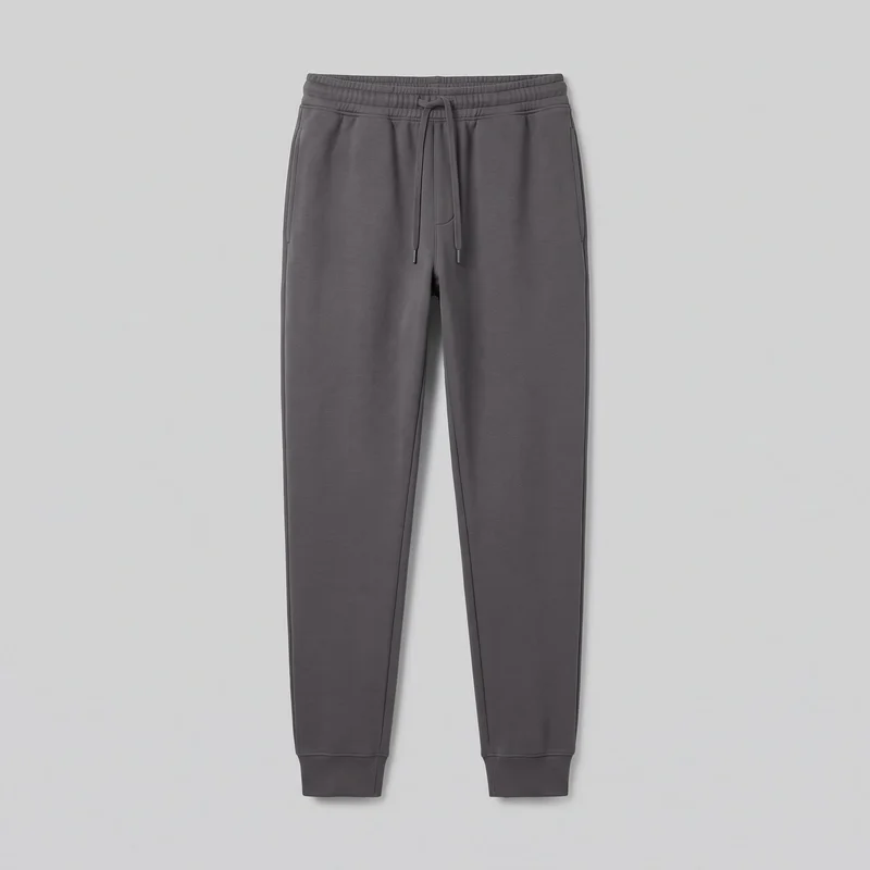 Men's charcoal fleece jogger sweatpants shown laid flat in a complete front view. They have a relaxed upper-leg fit that tapers to full-length ribbed ankle cuffs, a mid-rise elasticated waistband with horizontal stitch channels, an external center drawstring, slanted side-entry pockets, and a central front seam.