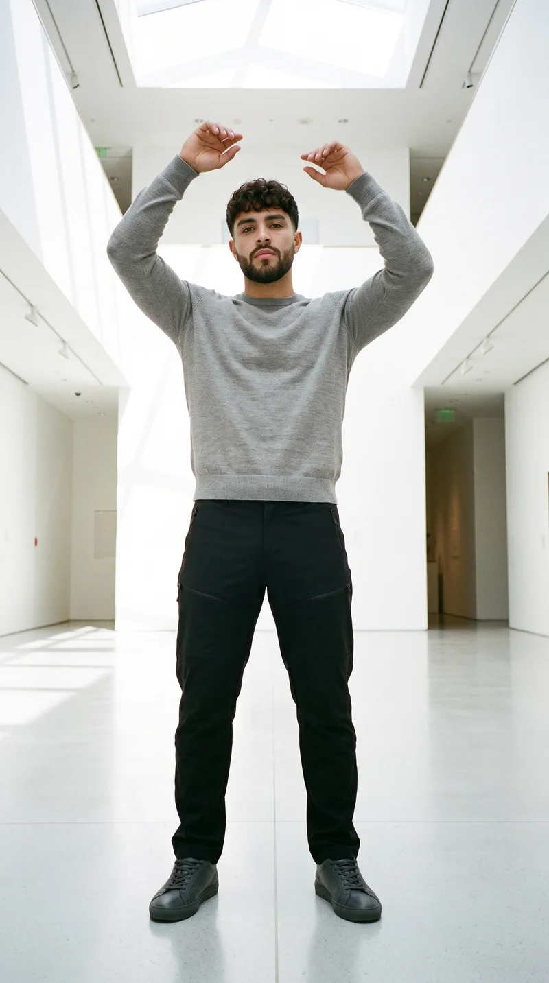 Men's Black Hiking Trousers, Full body at Front, Clean Catalog lighting