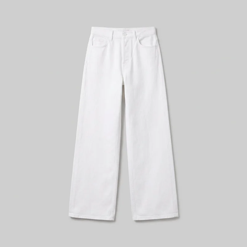 Women’s white wide-leg jeans shown as a complete front flat-lay product view. The pants have a structured waistband with belt loops and a centered button, a concealed fly, curved scoop pockets with a small coin pocket, visible seams, tonal topstitching, straight wide legs, and plain stitched hems.