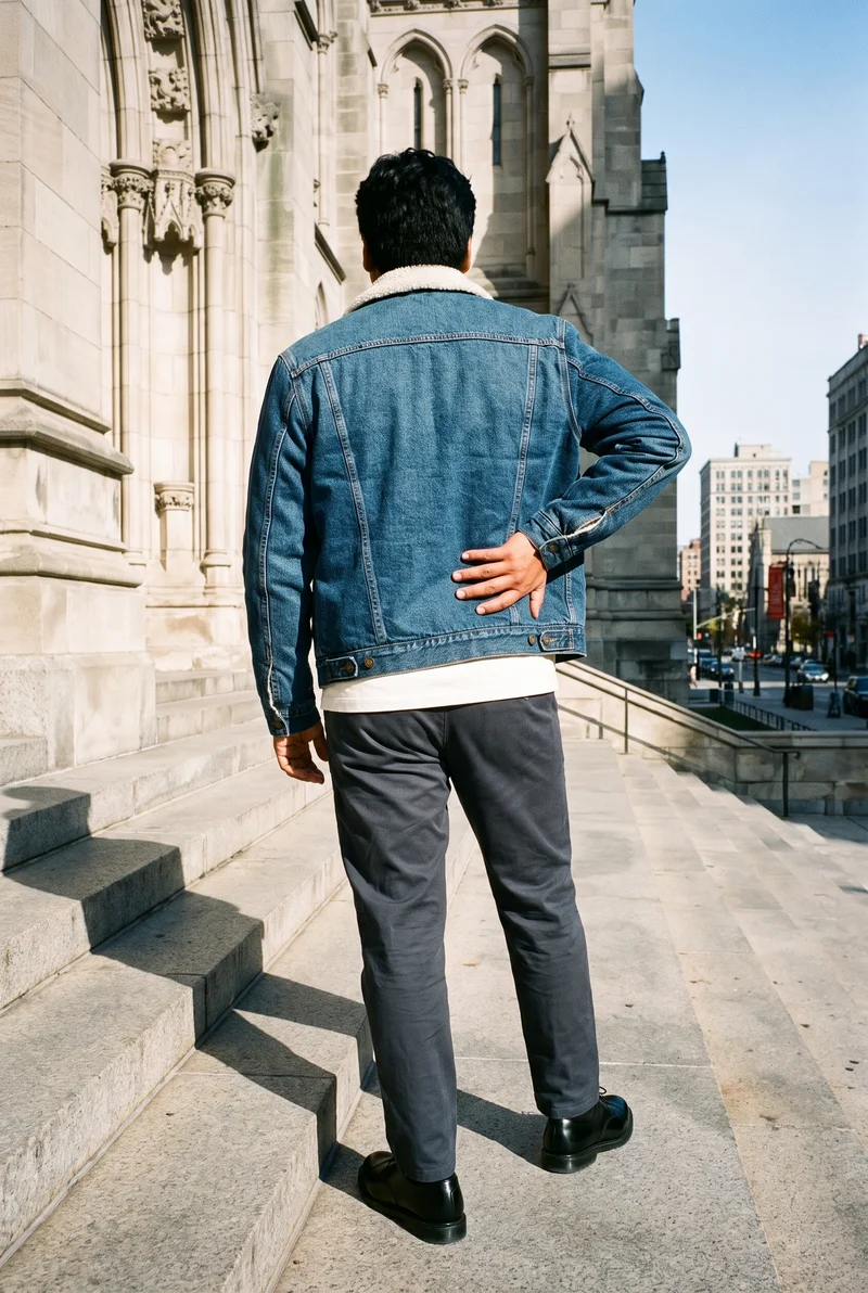 A 22-year-old Indigenous American man is shown full body from the back wearing a men’s sherpa-lined denim jacket, with one hand resting on his lower back. Cathedral steps with a downtown view form the backdrop.