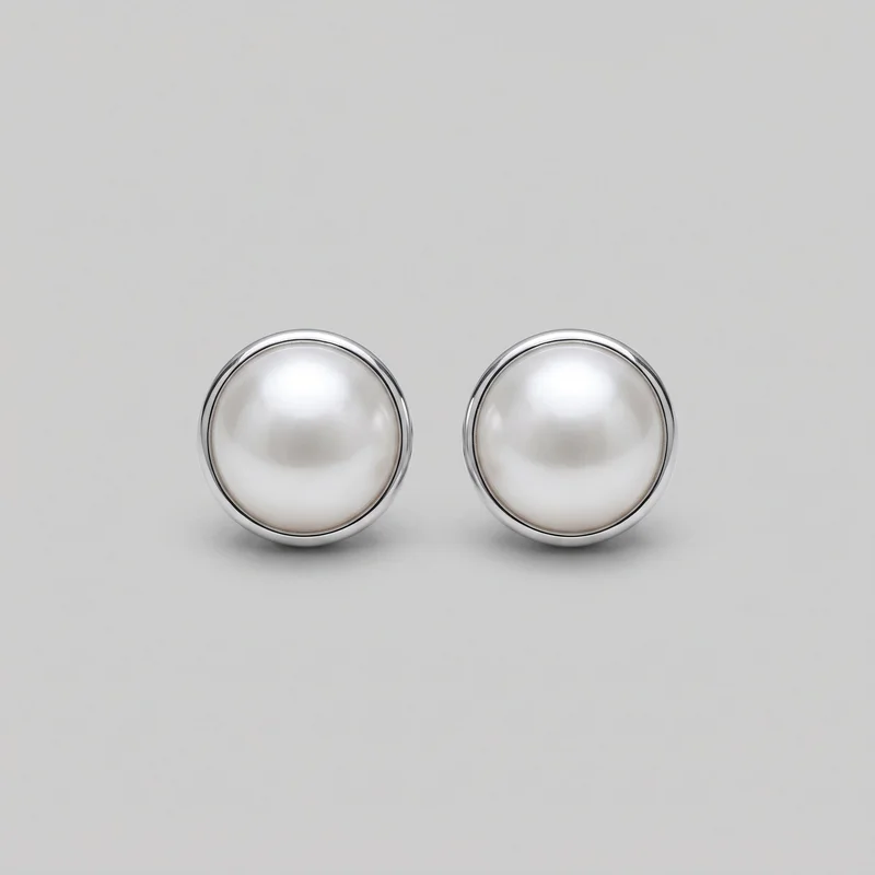 A matching pair of round pearl-like stud earrings is shown front-facing as a standalone product view. Each earring has a domed pearl-like center set in a smooth rounded metal bezel with a narrow inset circular rim; the posts and backs are not visible.