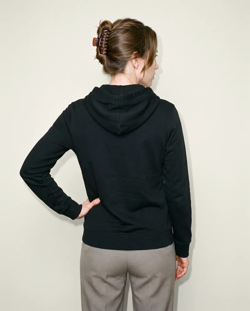 Women's Black Pullover Hoodie, Three-quarter length at Back, Clean Catalog lighting
