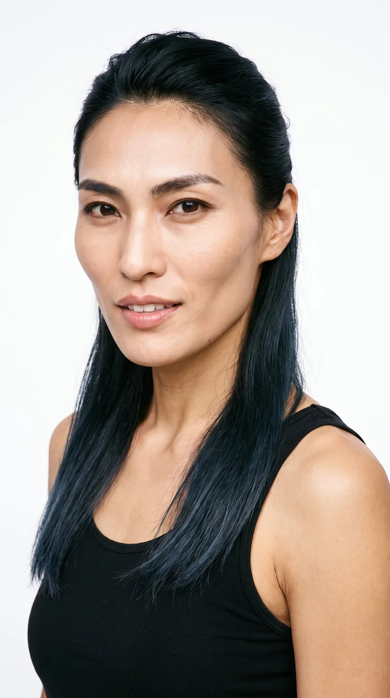 A 35-year-old Japanese woman with light-tan skin and a neutral undertone has an angular face defined by sharp cheekbones and a structured jaw. Her eyebrows are medium in thickness, and her eyes are brown. She has full lips and black hair styled half up, with the upper section pulled back and the lower lengths hanging loose.