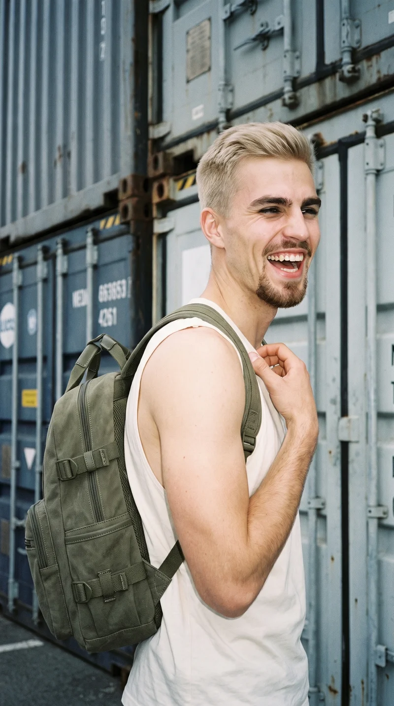 A 26-year-old Caucasian man is shown from the upper body at a front three-quarter angle, wearing an olive utility backpack. He has one hand at his collarbone and is laughing. Shipping containers form the backdrop.