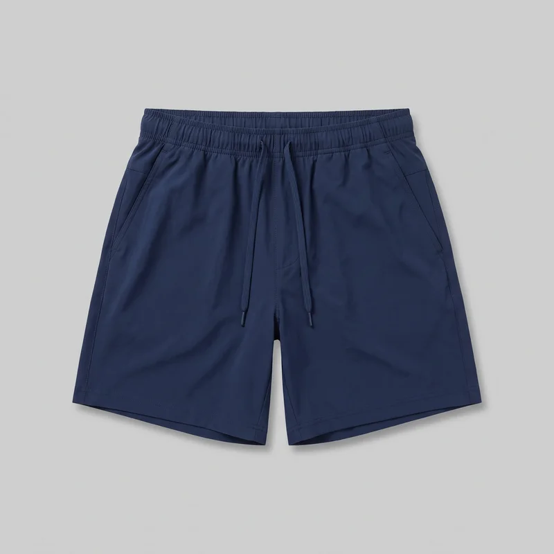 Men's navy running shorts shown as a complete standalone pair from the front. The shorts have a relaxed straight-leg silhouette, a mid-rise elasticized waistband with gathered stitching and an exposed center drawstring, angled front slash pockets, vertical side seams, and straight hems with stitched hem bands.