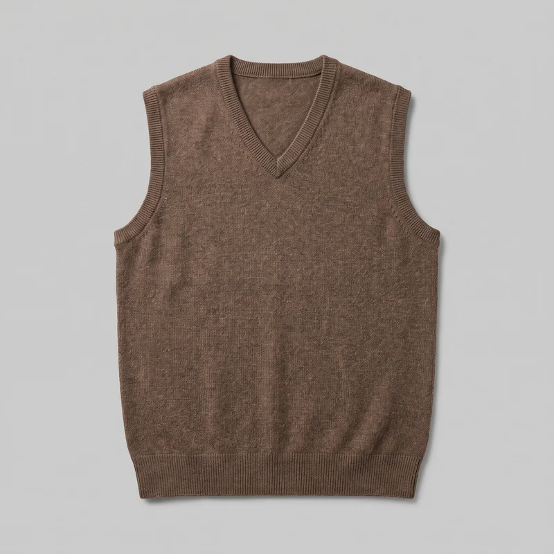 A brown wool sweater vest is shown flat in a standalone front view. The sleeveless design has broad shoulder coverage, a deep V neckline, ribbed trim around the neckline, armholes, and bottom hem, a plain knit body, straight side seams, and a full-length straight hem.