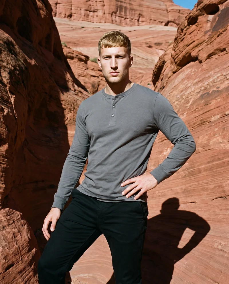 Men's Charcoal Henley Top, Three-quarter length at Front, Flash Editorial lighting